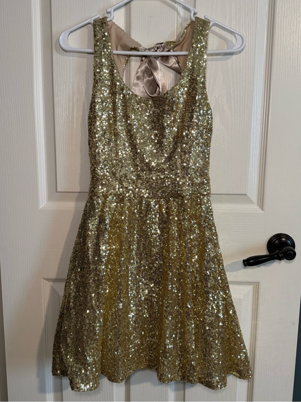 B Darlin Gold Sequin Sleeveless Party Dress with Satin Bow